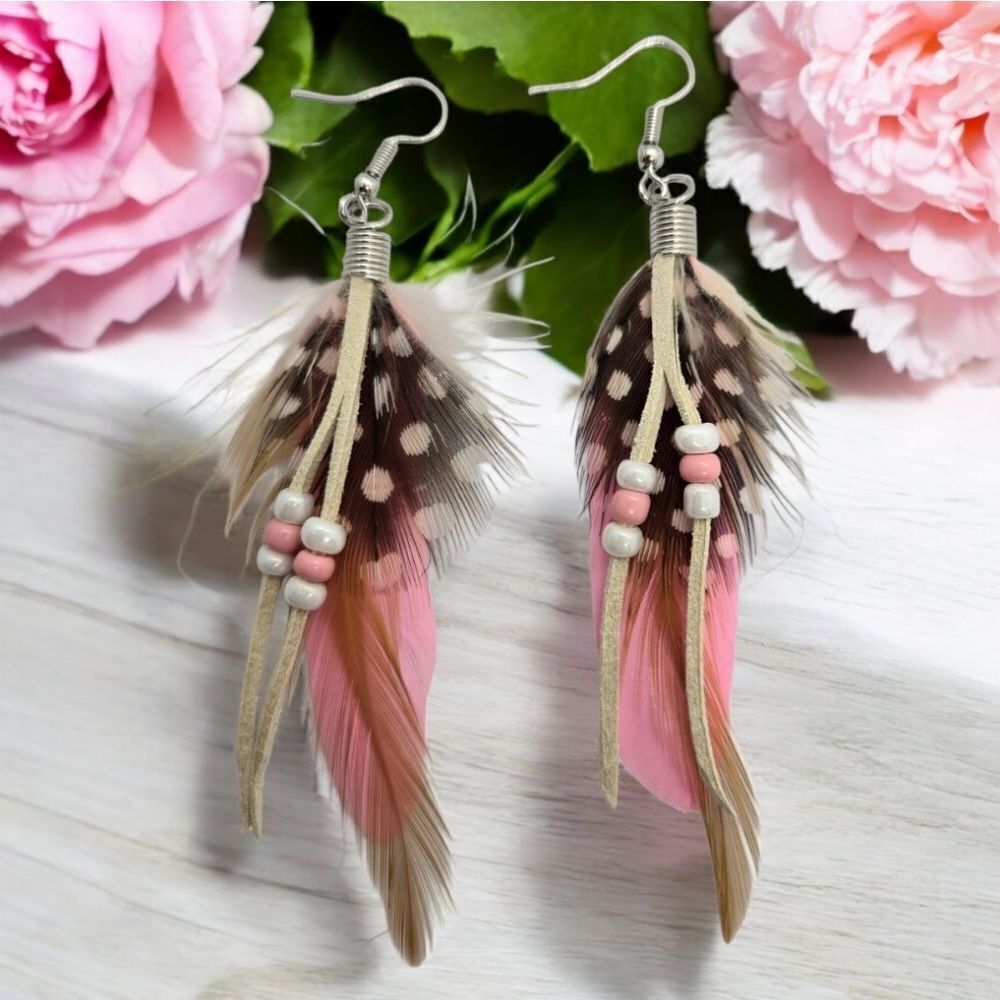 Pink Feather Fringe Beaded Dangle Earrings Bohemian Tribal Hippie Gypsy Western